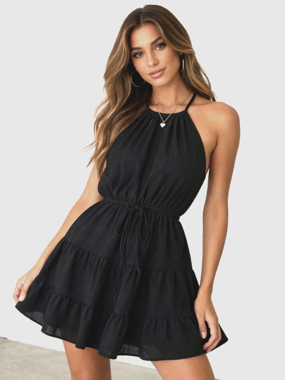 Naked Zebra Black Halter Tiered Mini Dress Women’s M Fit & Flare Sleeveless